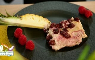 Rezept fuer jetzt veganer Quarkauflauf mit Kirschen